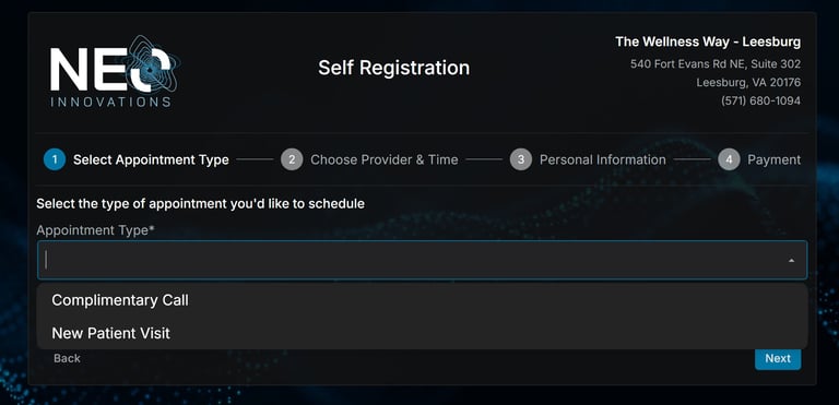 Self registration selecting an appointment