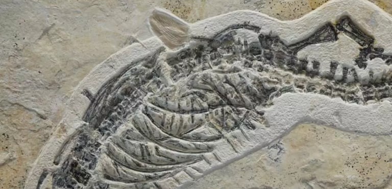 Körperstruktur des Pleurosaurus im Detail auf Kalkstein aus Solnhofen