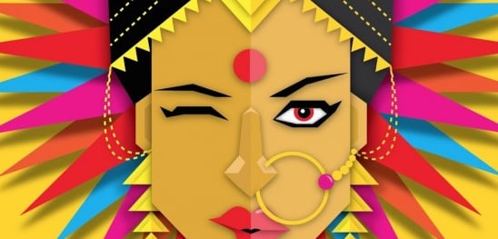 a woman with a colorful face mask and a colorful face