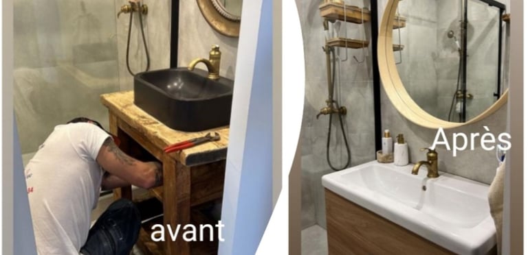 bati fl eau en action avant/ après remplacement vasque de salle de bain .Plombier marseillais