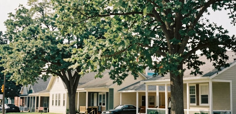 Editorial 35mm film documentary photo of Elm Grove streetscape with mature trees and warm Wisconsin daylight, soft natural lighting.