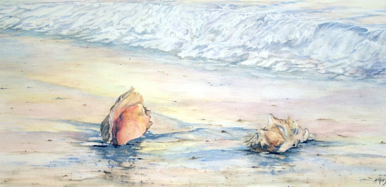a painting of shells washed up on a beach