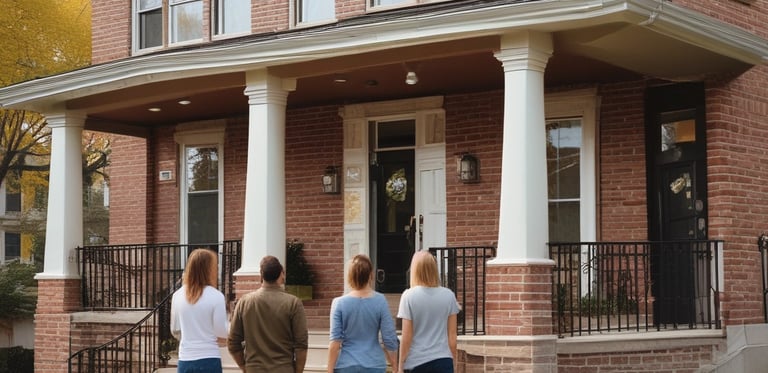 a group of people standing in front of a house