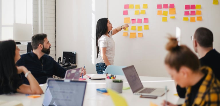 a woman standing in front of a white board with sticky notes on it