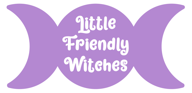 Purple triple moon with the title "Little Friendly Witches" in the middle