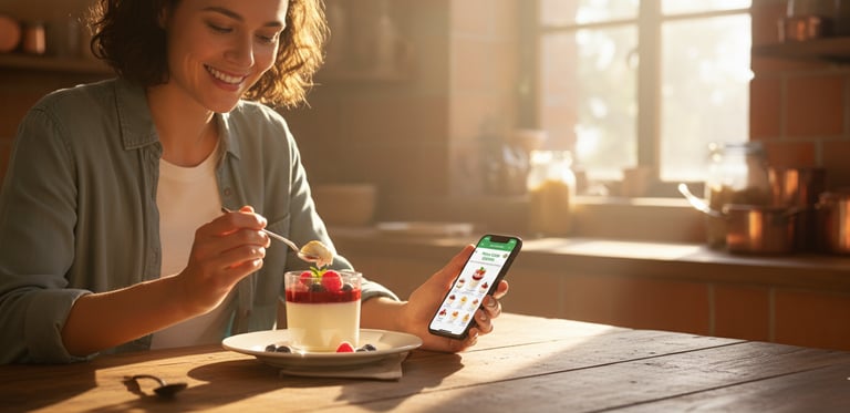 Person genießt Panna Cotta bewusst und achtet auf Kalorien – gesunder Lebensstil mit Genussmoment.