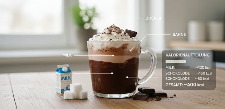 Übersicht mit Kalorienwerten von Milch, Zucker, Sahne und Schokolade – heiße Schokolade Kalorien ver