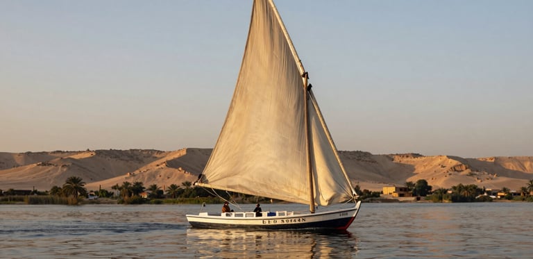 Low-angle golden hour shot of a traditional wooden felucca sailing on the calm Nile river, soft warm light reflecting off the water, empty desert hills in the background.