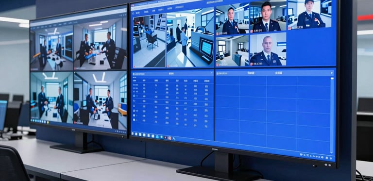 High-definition command center monitoring screens showing security dashboards, blue screen glow, professional atmosphere.