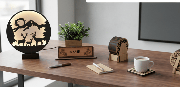 HANDGEFERTIGTE BÜRO-ACCESSOIRES AUS HOLZ: DESIGN-LAMPEN, NAMENSSCHILDER UND ORGANIZER AUS BUCHS SG.