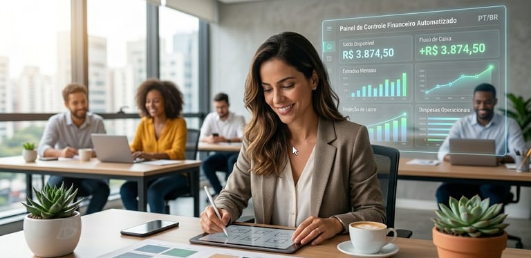 Empreendedor focado no crescimento da empresa com um dashboard financeiro automatizado trabalhando em segundo plano.