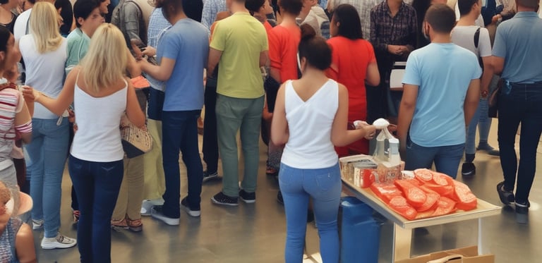 a large group of people standing around a table