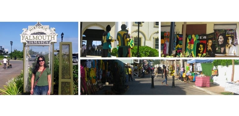 Autora caminhando pelas ruas coloniais de Falmouth, Jamaica, durante escala de cruzeiro