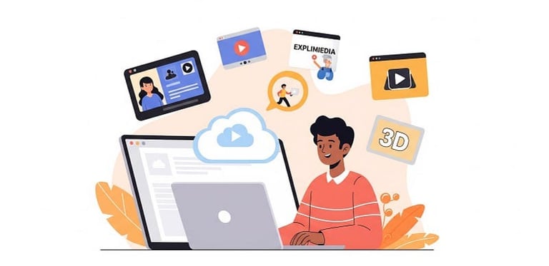 User with laptop, symbolizing VideoCreator's cloud power.