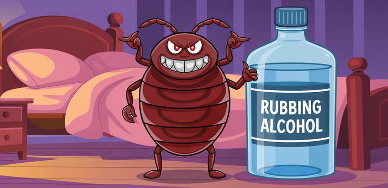 a bed bug next to a bottle of rubbing alcohol