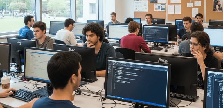 Students learning computer basics with multiple desktop systems in a training lab