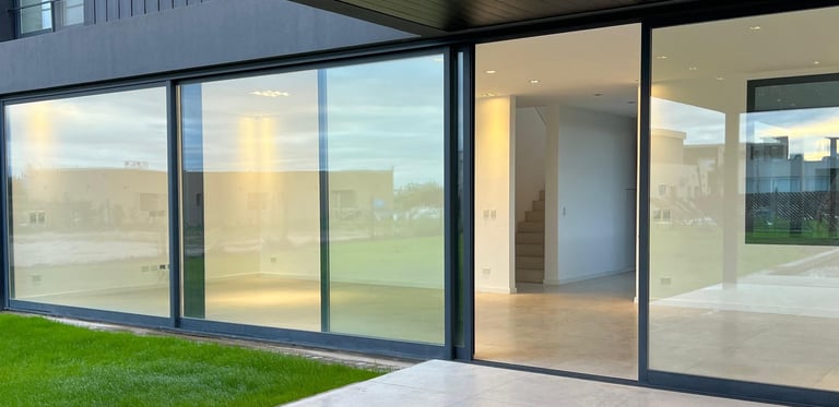a large open glass door with a view of a patio
