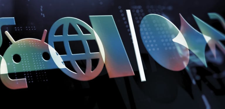 Fundo abstrato de tecnologia apresentando o mascote do Android, ícone de globo e formas geométricas.