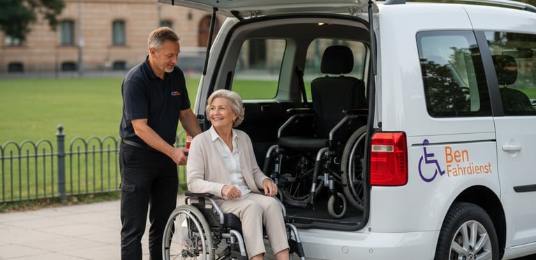 Fahrer von Ben Fahrdienst begleitet Kundin im Rollstuhl sicher zum Eingang des Krankenhauses.