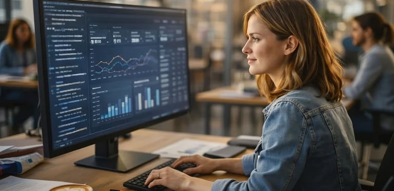 Especialista SEO analizando métricas en pantalla mientras ajusta la optimización on page de un sitio