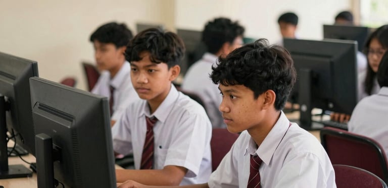 Candid eye-level photo of Indonesian high school students collaborating in a bright, modern computer laboratory, warm natural daylight, rich maroon accents, 35mm photography