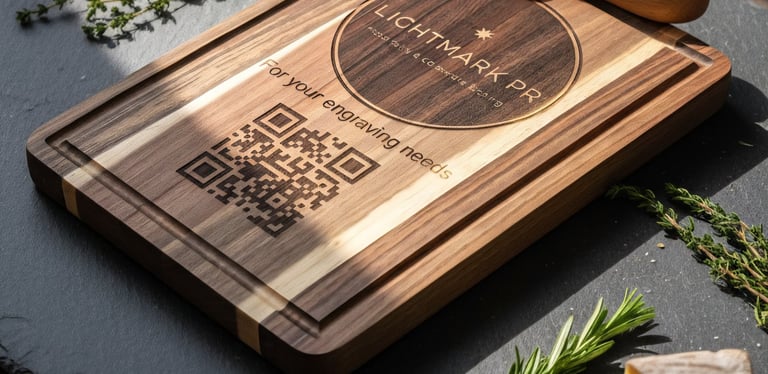 a cutting board with lightmarkpr logo