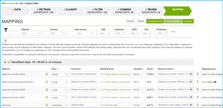 One Click LCA mapping dashboard showing materials, data filters, and mapped construction elements.