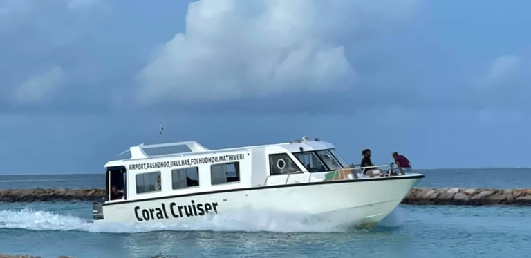The Coral Cruiser speedboat ferry transports passengers across turquoise waters in the Maldives.