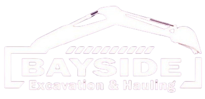 Bayside Excavation & Hauling logo featuring a white excavator silhouette on a black background.