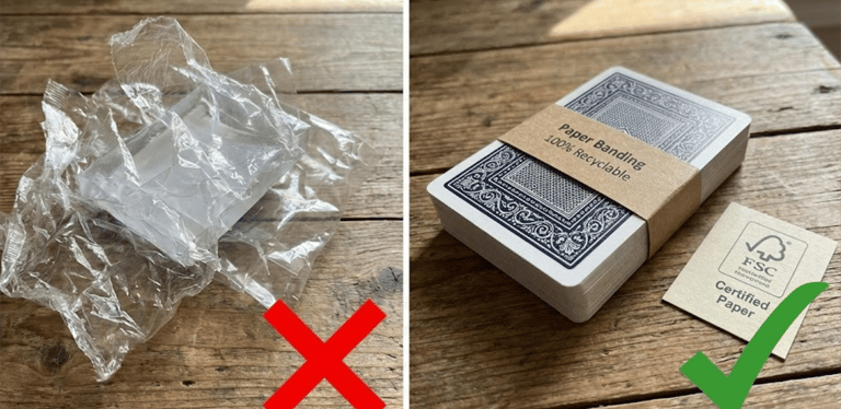 Plastic-free playing card packaging with paper belly band vs shrink wrap.