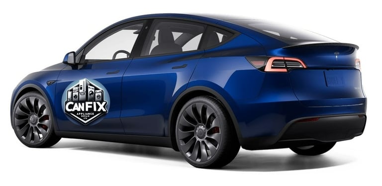 Blue tesla model y performance with canfix appliane repair logo on it