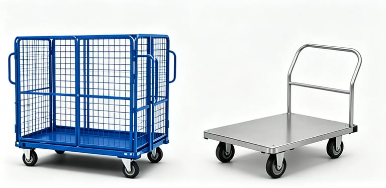 Industrial blue steel cage trolley and silver platform warehouse cart on wheels.
