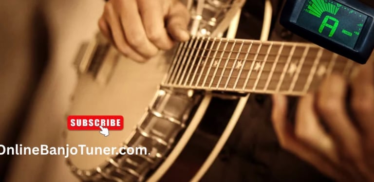 Musician playing a banjo with a digital clip-on tuner displaying an A note for online tuning.