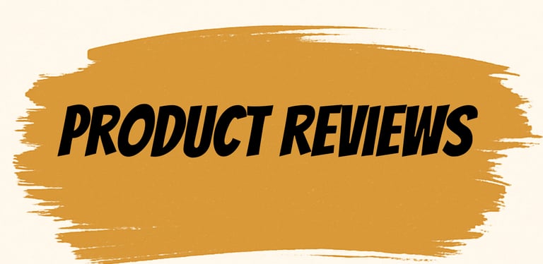 Product Reviews section header image with brushstroke design, highlighting survival gear reviews, tools, and outdoor equipmen