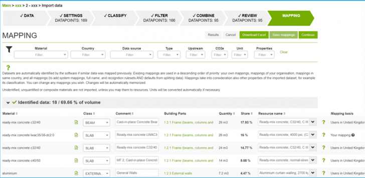 One Click LCA mapping dashboard showing materials, data filters, and mapped construction elements.