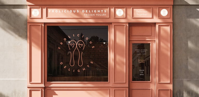 Frolicious Delights frozen yogurt shop front concept — brand identity design by Laura Hatchard