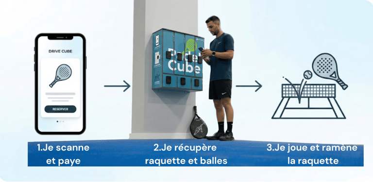 A man uses the Padel Cube rental locker system via a mobile app to pick up padel equipment.