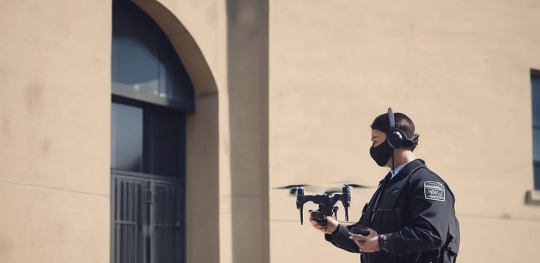 A guard dressed in a formal uniform stands at attention in a sentry box outside a grand historic building with stone walls and large windows. An archway to the right shows part of a courtyard with parked cars and a couple of people walking in the background.