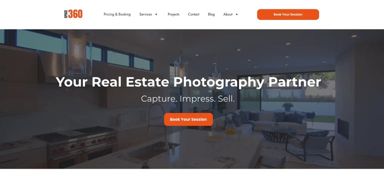 Space360 real estate photography homepage with hero image, booking button, and tagline Capture Impress Sell