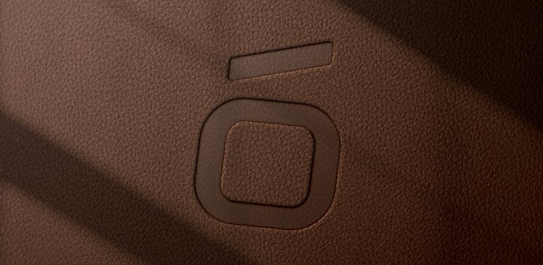 Embossed geometric logo design on premium brown textured leather background with dramatic shadows.