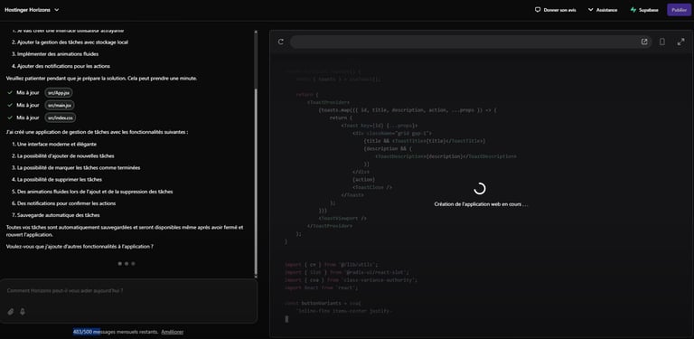 Aucun code est necessaire pour créer une application web sur Hostinger Horizons