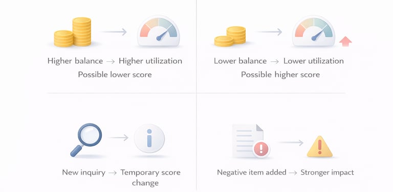 infographic showing how balance changes inquiries and negative items can influence credit score fluc