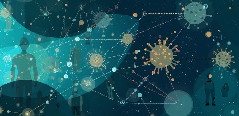 Virus particles showing transmission pathways and infection networks
