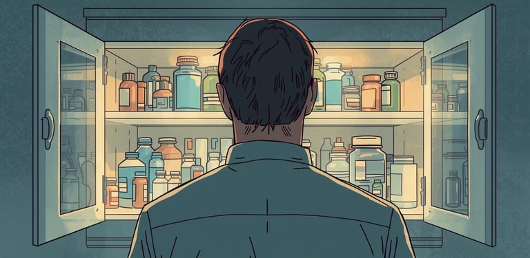 Man reviewing medicine cabinet with antiviral suppression, immune support supplements