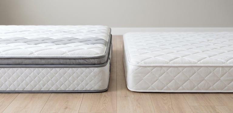 Side-by-side comparison of a thick hybrid pillow-top mattress and a slim memory foam mattress on a wood floor.