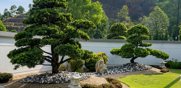 Japanese garden with bonsai pine trees, stone lanterns and gravel – Yie Yang Landscape