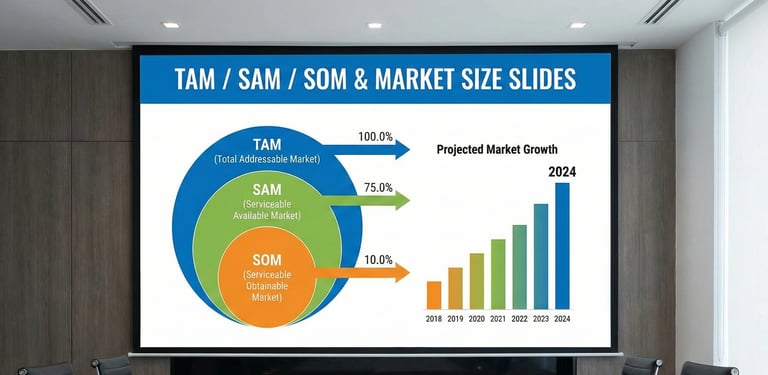 A presentation slide in a conference room displaying a TAM/SAM/SOM diagram and a projected market gr