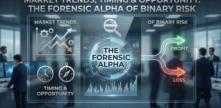 Financial dashboard illustrating market trends, timing, and forensic alpha in binary risk analysis.