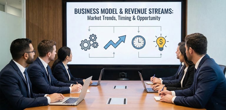 A group of businesspeople in a boardroom meeting are looking at a large screen presentation titled "