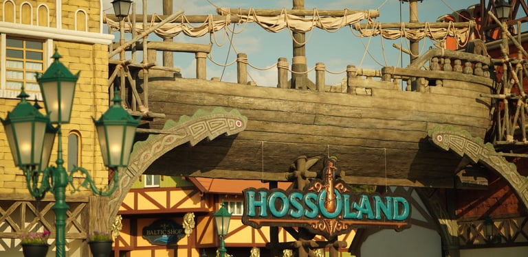 Hossoland main entrance with giant themed ship and ticket gate built by Artisan Aleks Company.